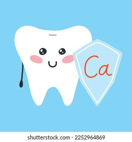 Cute tooth with calcium in kawaii style. Tooth character. Vector illustration. Flat cartoon style.