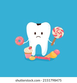 Cute tooth with caries holding sweets. Unhealthy tooth kawaii character for dental hygiene and pediatric dentistry, flat vector illustration isolated on background.