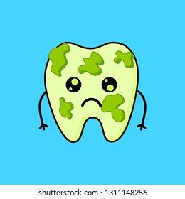 Cute tooth cartoon character. Emoticons with different facial expressions. Dental care concept isolated on blue background. Vector Illustration. 