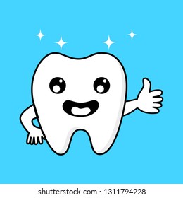 Cute tooth cartoon character. Emoticons with different facial expressions. Dental care concept isolated on blue background. Vector Illustration. 