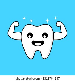 Cute tooth cartoon character. Emoticons with different facial expressions. Dental care concept isolated on blue background. Vector Illustration. 