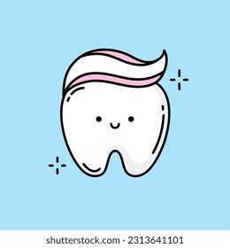 Cute Tooth Cartoon Character Illustration with Toothpaste on Top. Happy and Healthy Tooth Icon for Children Dental Clinic Poster Template Design. Dental Hygiene Concept