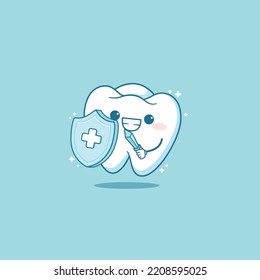 Cute tooth cartoon characters icon. healthy teeth and shield, anti-caries and protection bacteria.