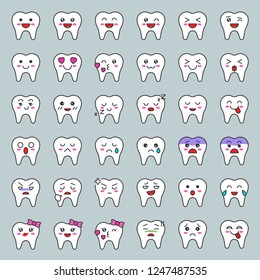 Cute tooth cartoon emoticon set, filled style vector illustration