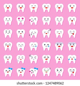 Cute tooth cartoon emoticon set with shadow flat style vector illustration