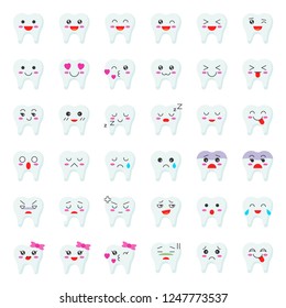 Cute tooth cartoon emoticon set, flat style vector illustration