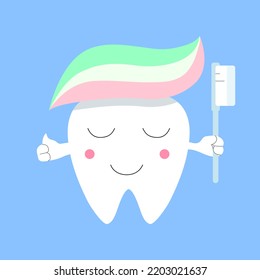 Cute tooth in a cartoon, flat style with toothpaste and brush, the concept of healthy and clean teeth. Vector illustration. Toothpaste on tooth, children's illustration