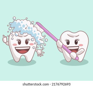 cute tooth cartoon image cleaning the butt with a brush , medical illustrations