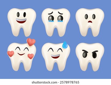 Cute tooth cartoon with many expressions. Teeth with smile illustration. Dental care icons emoji. Teeth different activity pose vector illustration 3D design set