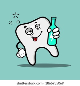 cute tooth cartoon mascot character funny expression with holding drunk bottle