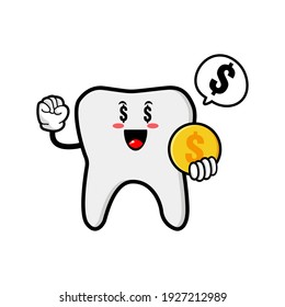cute tooth cartoon mascot character funny expression holding coin with money eye