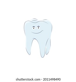 Cute tooth in cartoon style isolated on white background. Vector illustration, molar icon with eyes, mouth and handles.