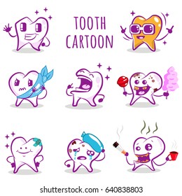 Cute tooth cartoon vector character. Medical illustration for dental. Oral hygiene icons.