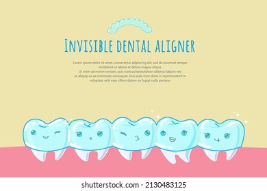 Cute tooth cartoon vector. Invisible dental aligner concept illustration. Transparent braces for crooked teeth.