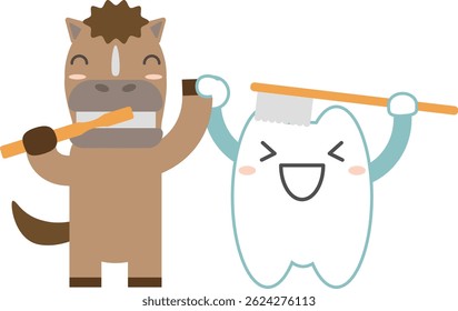 A cute tooth character is brushing his teeth with the Chinese zodiac sign of the horse (year of the horse)