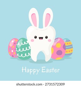 Cute tooth character with bunny ears and Easter eggs. Happy Easter card. Vector illustration