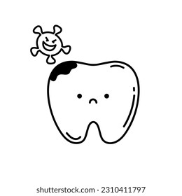 Zahnecharakter. Zisch mit Karies. Vektorgrafik eines Zahnes für die pädiatrische Zahnmedizin. Zähnchenreinigungskonzept. Rotten Bad Tooth. Zeilenstil