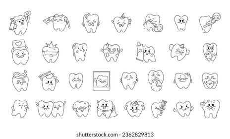 Cute tooth character. Coloring Page. Care and cleaning concept. Morning routine. Dentistry. Vector drawing. Collection of design elements.