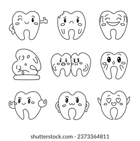 Cute tooth character. Coloring Page. Dental cartoon. Vector drawing. Collection of design elements.