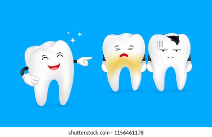cute tooth character expression set, great for your design. Dental care concept. Illustration isolated on blue background.