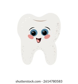 Diente lindo carácter lindo divertido pegatinas con caras. Higiene bucal, cuidado bucal de los niños y concepto de salud dental. Ilustración vectorial plana.