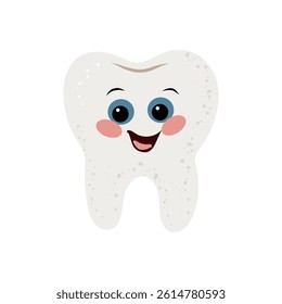 Diente lindo carácter lindo divertido pegatinas con caras. Higiene bucal, cuidado bucal de los niños y concepto de salud dental. Ilustración vectorial plana.