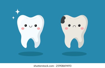 Cute tooth character, happy healthy tooth and sad cavities tooth