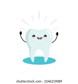 Cute tooth character healthy happy. Kawaii smiling face. Kids dental hygiene health cleaning routine good habits concept