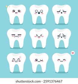 Cute tooth character icons with manga style emoji. Tooth cartoon mascot emoji set. Vector illustration