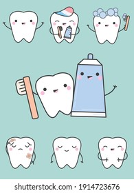Cute Tooth character illustration. Cute happy smiling tooth with toothbrush and toothpaste . Clear tooth concept. Brushing and cleaning teeth. Dental care for kids.