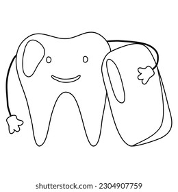 Cute tooth character with mint chewing gum pad, doodle style flat vector outline for coloring book