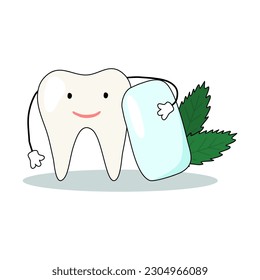Cute tooth character with mint chewing gum pad, dental care concept, vector