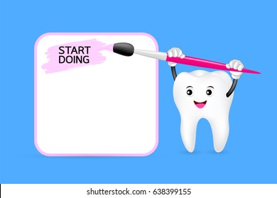 Cute tooth character painting. Frame of square with copy space. Start doing, dental care concept. Illustration isolated on blue background.