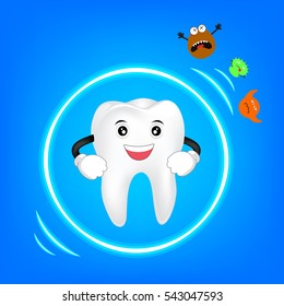 Cute tooth  character protected from bacteria by barrier protection. Dental care concept illustration.
