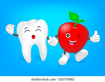 Cute tooth character with red apple. Hand in hand, friends forever. Great for dental care concept.