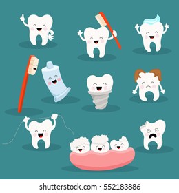 Cute Tooth Character Set with Toothpaste and Toothbrush