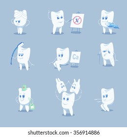 Cute tooth character set. Vector illustration.