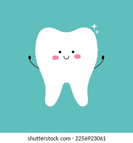 Cute tooth character with smiling face and hands. Funny, happy cartoon mascot. Vector flat illustration