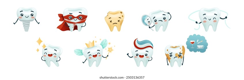 Cute Tooth Character with Smiling Face Vector Set