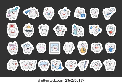 Carácter dental lindo. Marcador adhesivo. Concepto de cuidado y limpieza. Rutina matutina. Odontología. Dibujo de vectores. Colección de elementos de diseño.