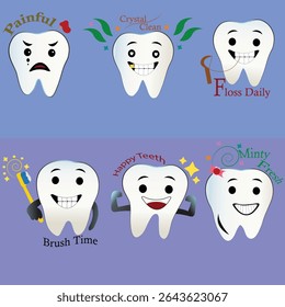 Cute Tooth Character Sticker Set – Dental Hygiene Mascots with Emotions and Health Tips in Flat Cartoon Style