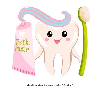 Cute tooth character with a toothbrush and toothpaste, promoting dental hygiene.