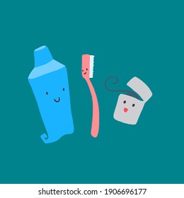 Cute tooth character with toothpaste, toothbrush and dental floss. Healthcare tooth and protection, flat vector illustration for dental design. Hand drawn teeth health care concept.