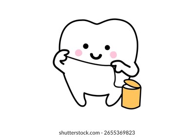 Cute Tooth Character Using Dental Floss for Oral Care