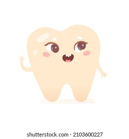 Cute tooth character vector illustration. Cartoon funny kawaii teeth emoji, dental care and treatment for healthy mouth of child isolated on white. Dentistry, baby oral hygiene and health concept