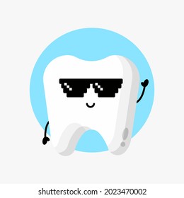 Cute tooth character wearing pixel glasses