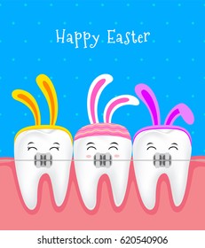 Cute tooth characters with brace and rabbit ears decoration. Happy Easter concept. illustration isolated on blue background.