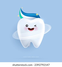 Caracteres dietéticos. para cepillarse los dientes con pasta dental. diente feliz. concepto odontológico para el hospital infantil. carácter de dientes sanos. icono de tiras cómicas lindas y limpias. diseño vectorial.