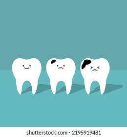 Cute tooth characters with caries cavities. Kawaii smiling faces. Kids dental hygiene health routine good habits concept