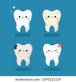 Cute tooth characters. Clean, yellow, cavities, tooth with pain. Set of cute kawaii teeth. Vector illustration